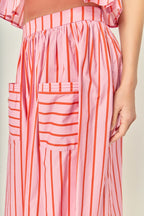 Bold Vertical Stripe High-Rise Patch Pocket Flowy Midi Skirt