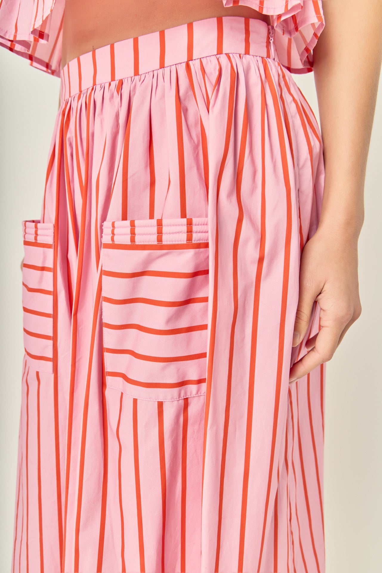 Bold Vertical Stripe High-Rise Patch Pocket Flowy Midi Skirt