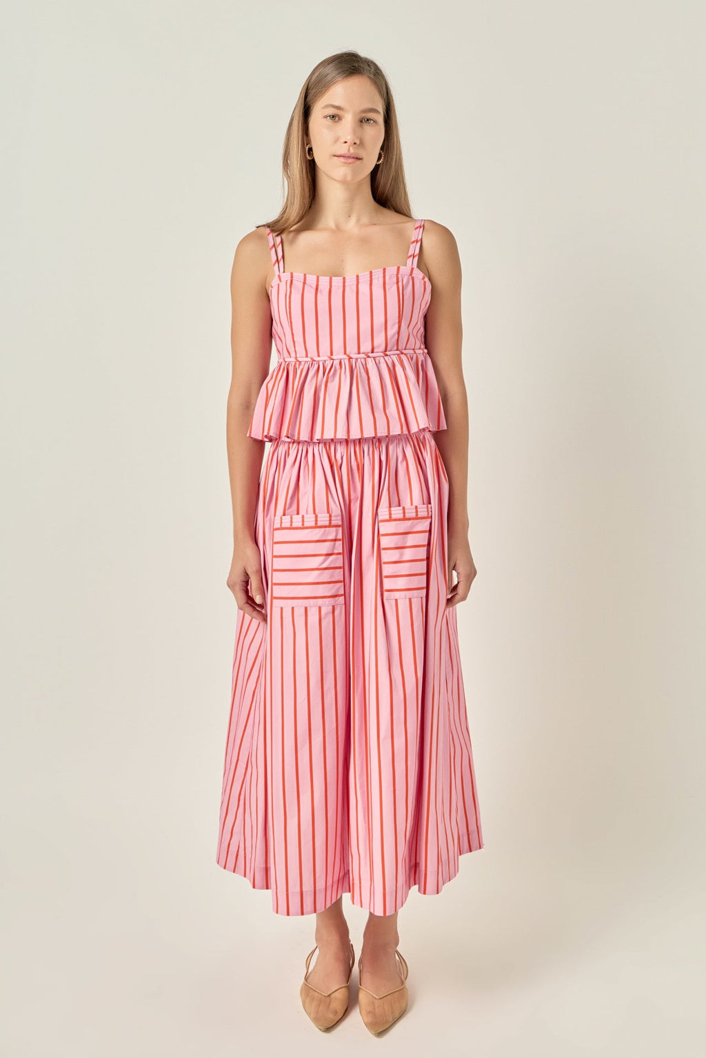 Bold Vertical Stripe High-Rise Patch Pocket Flowy Midi Skirt