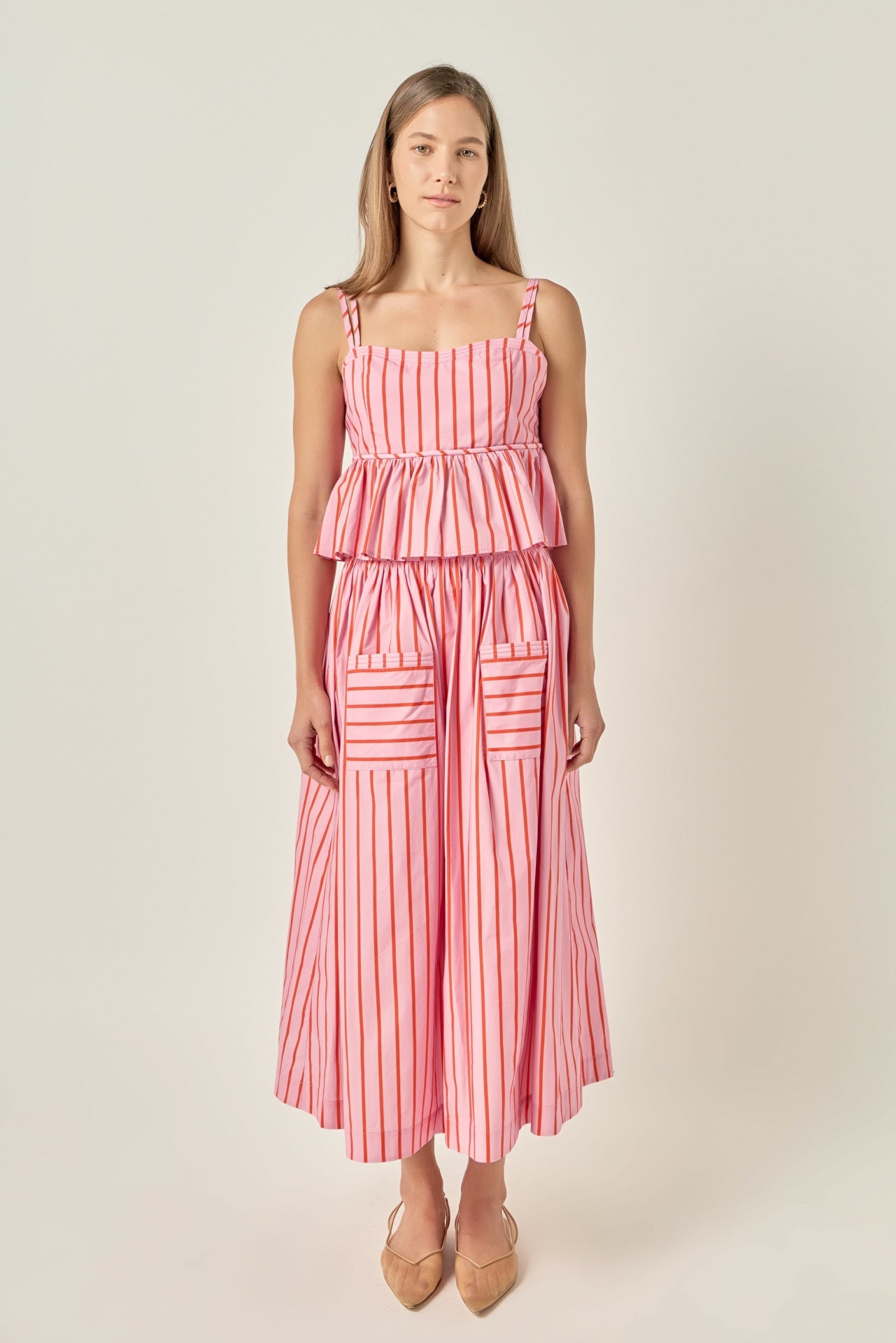 Bold Vertical Stripe High-Rise Patch Pocket Flowy Midi Skirt