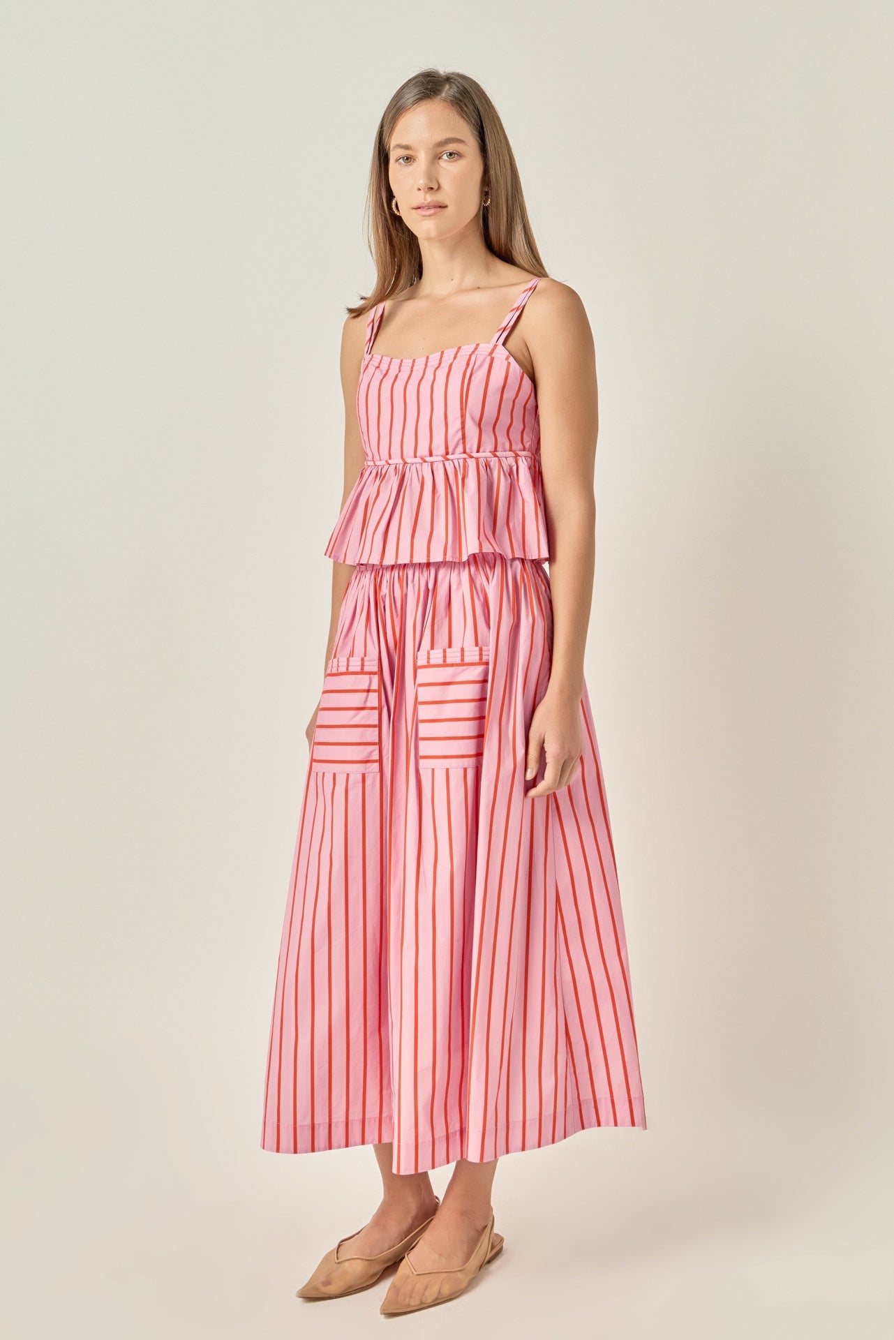 Bold Vertical Stripe High-Rise Patch Pocket Flowy Midi Skirt