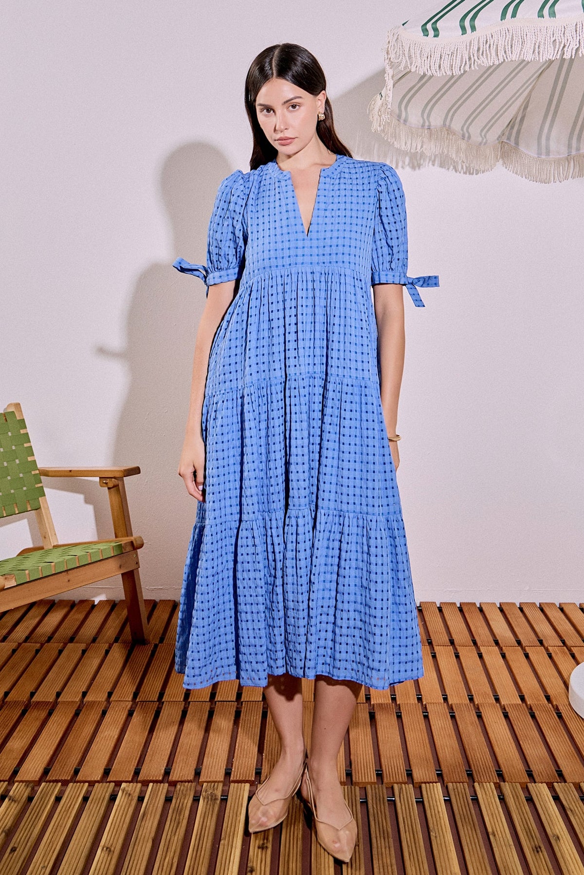 Gingham Tiered Midi Dress with Smocked Waist