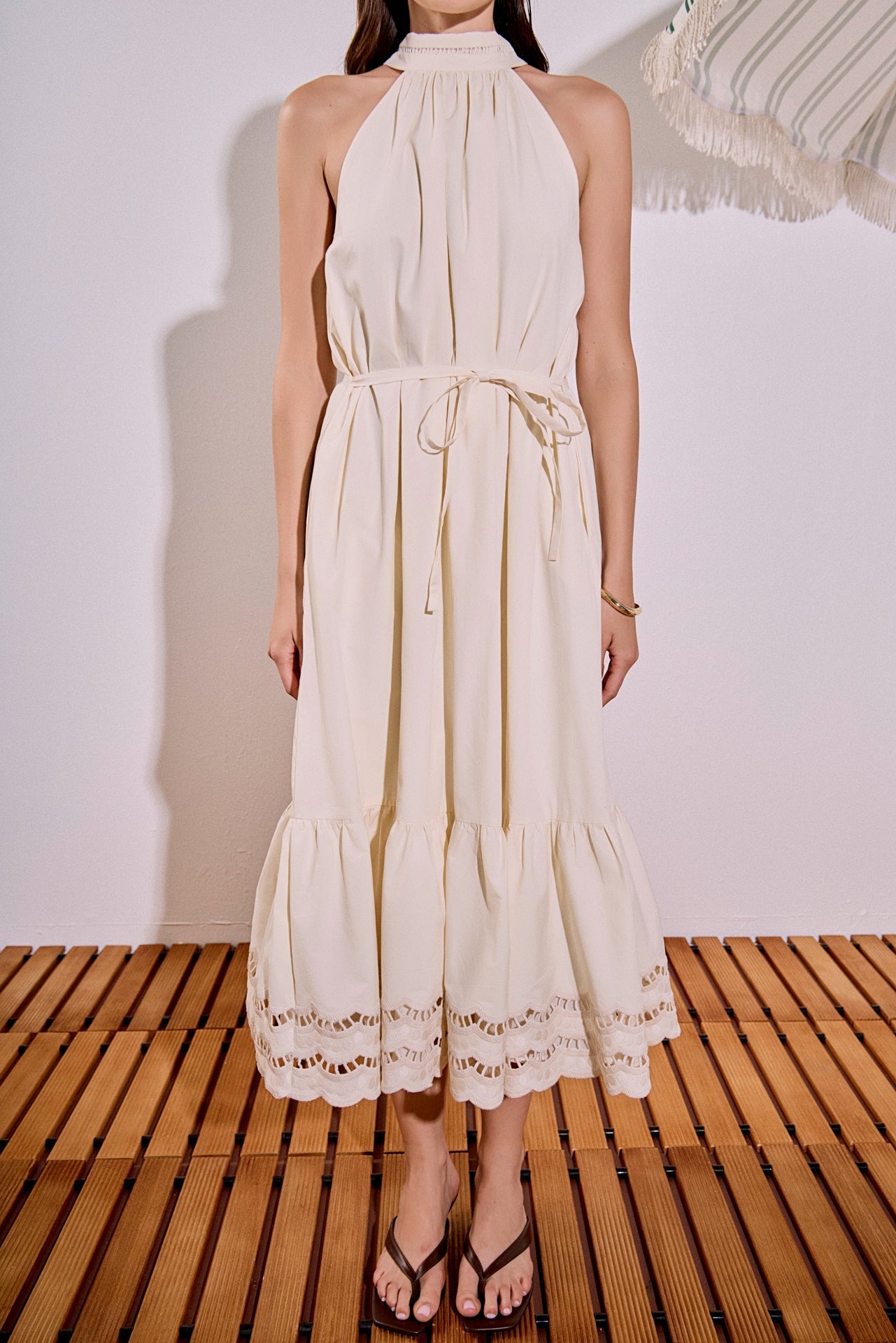 Halter Tie Neck Self-Tie Waist Embroidered Hem Midi Dress