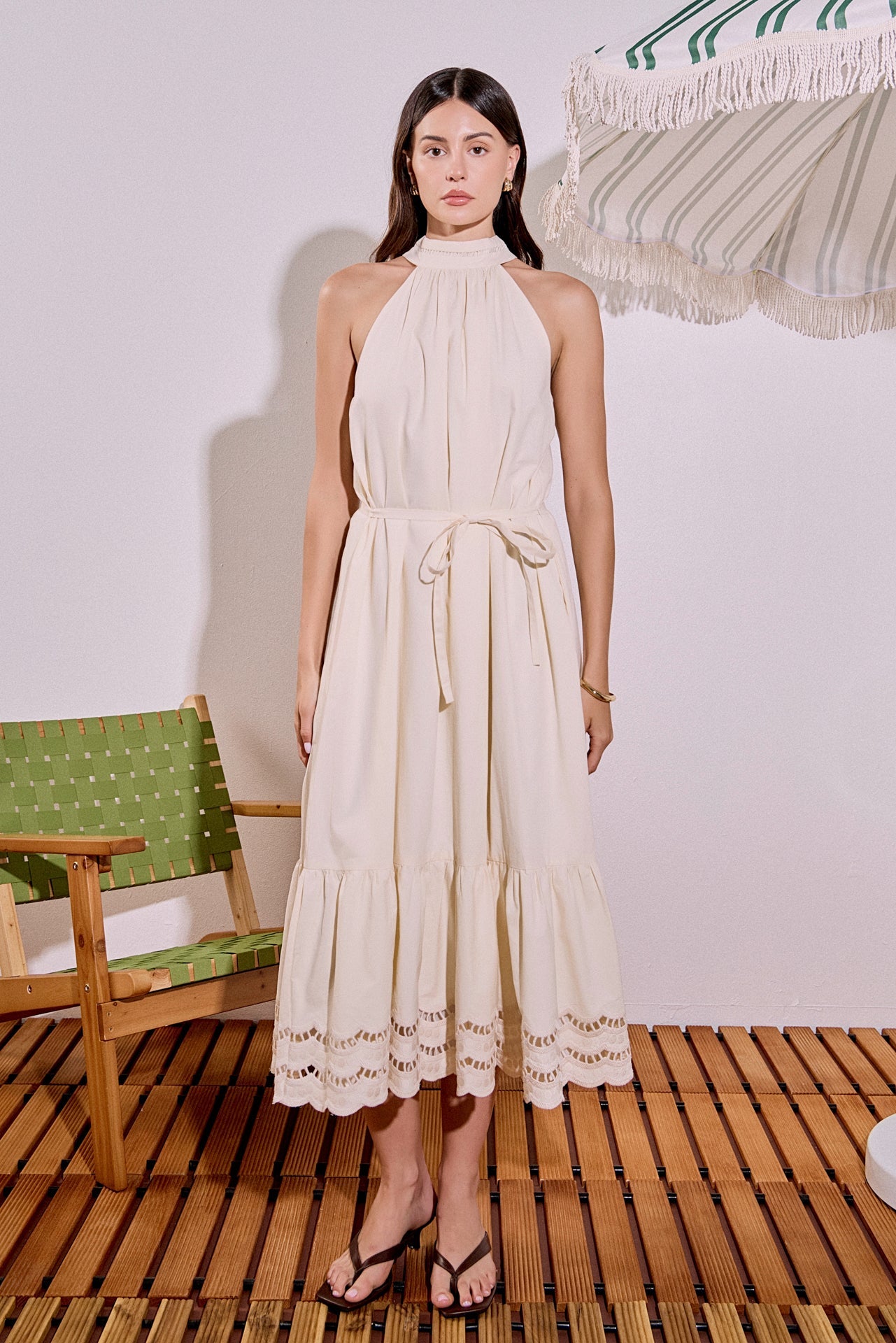 Halter Tie Neck Self-Tie Waist Embroidered Hem Midi Dress