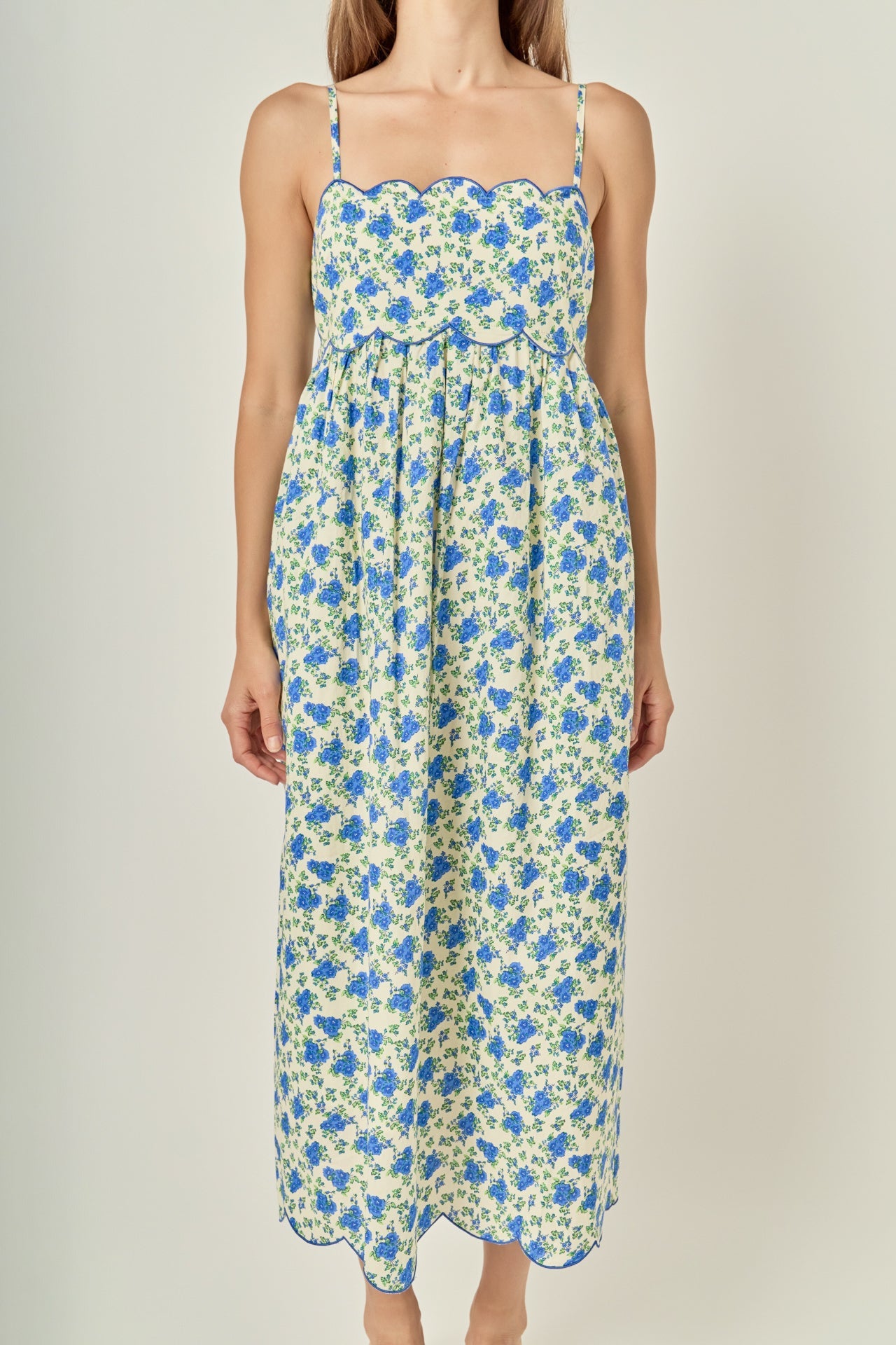 Ditsy Floral Scallop Trim Empire Bodice Pleated Midi Dress