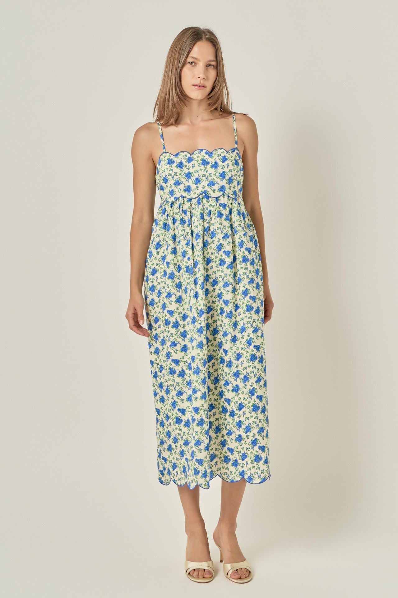 Ditsy Floral Scallop Trim Empire Bodice Pleated Midi Dress