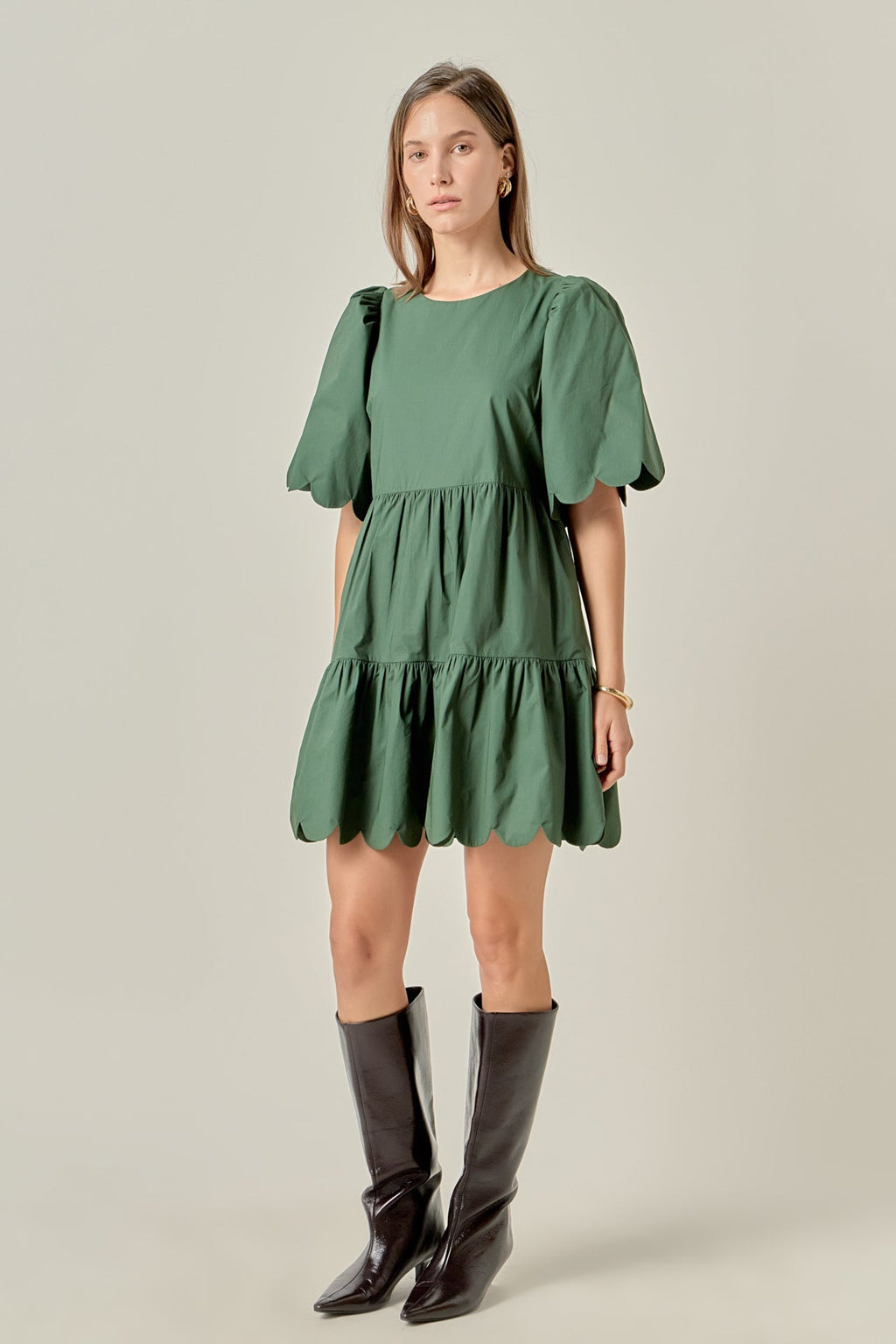 Scallop Detail Tiered Ruffle Hem Mini Dress