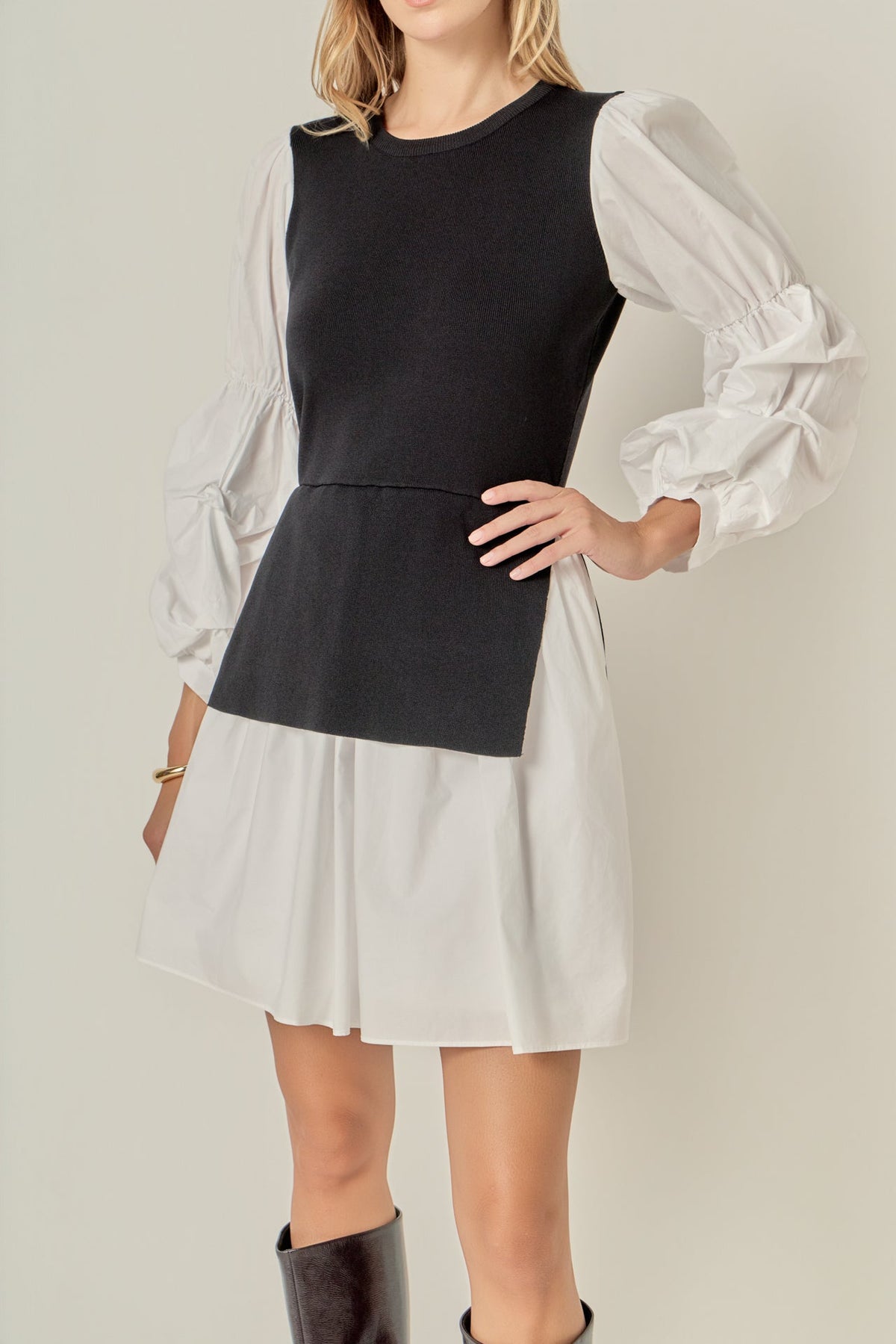 Mock Neck Pleated Sleeve Mixed Knit Poplin Mini Dress
