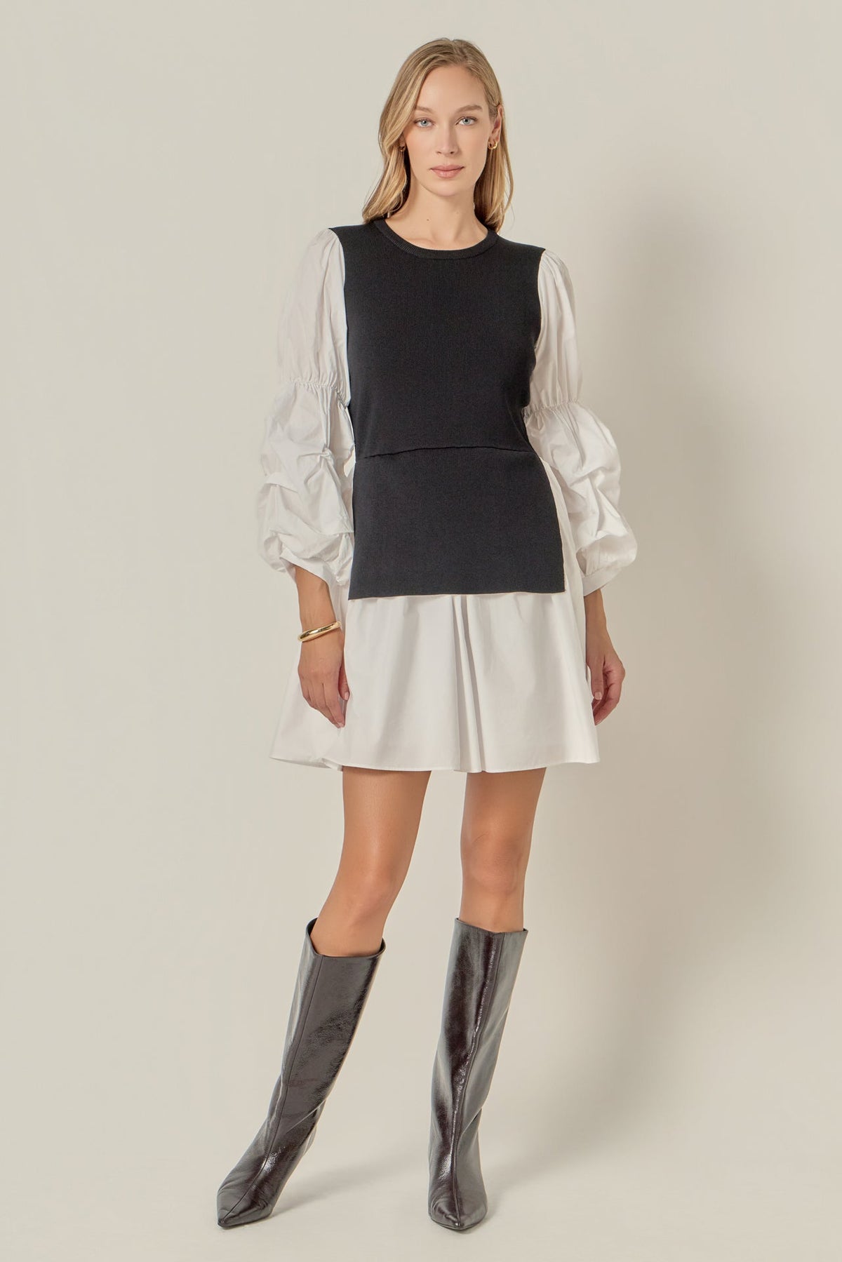 Mock Neck Pleated Sleeve Mixed Knit Poplin Mini Dress