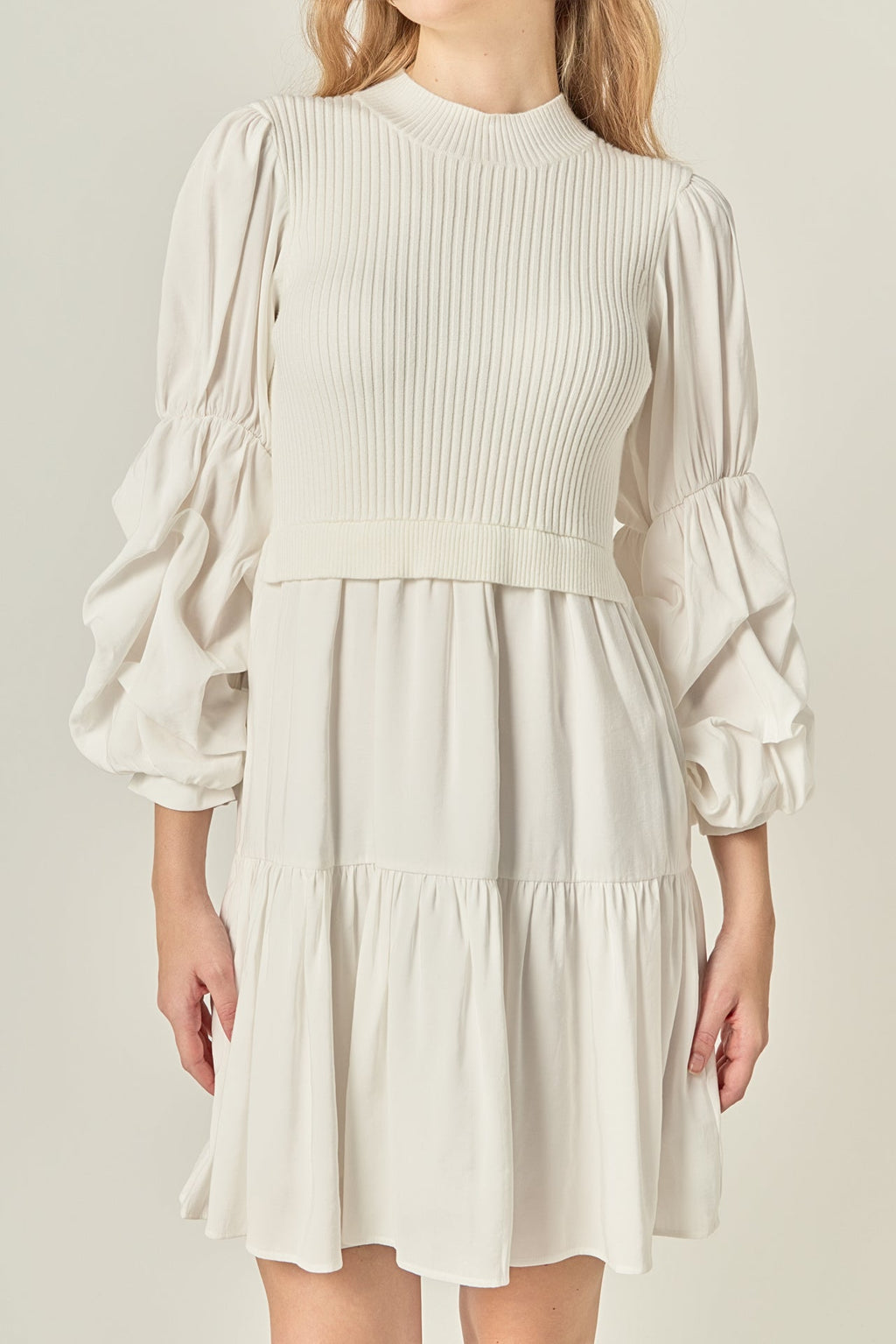 Mock Neck Knit Bodice Pleated Sleeve Mixed Media Mini Dress