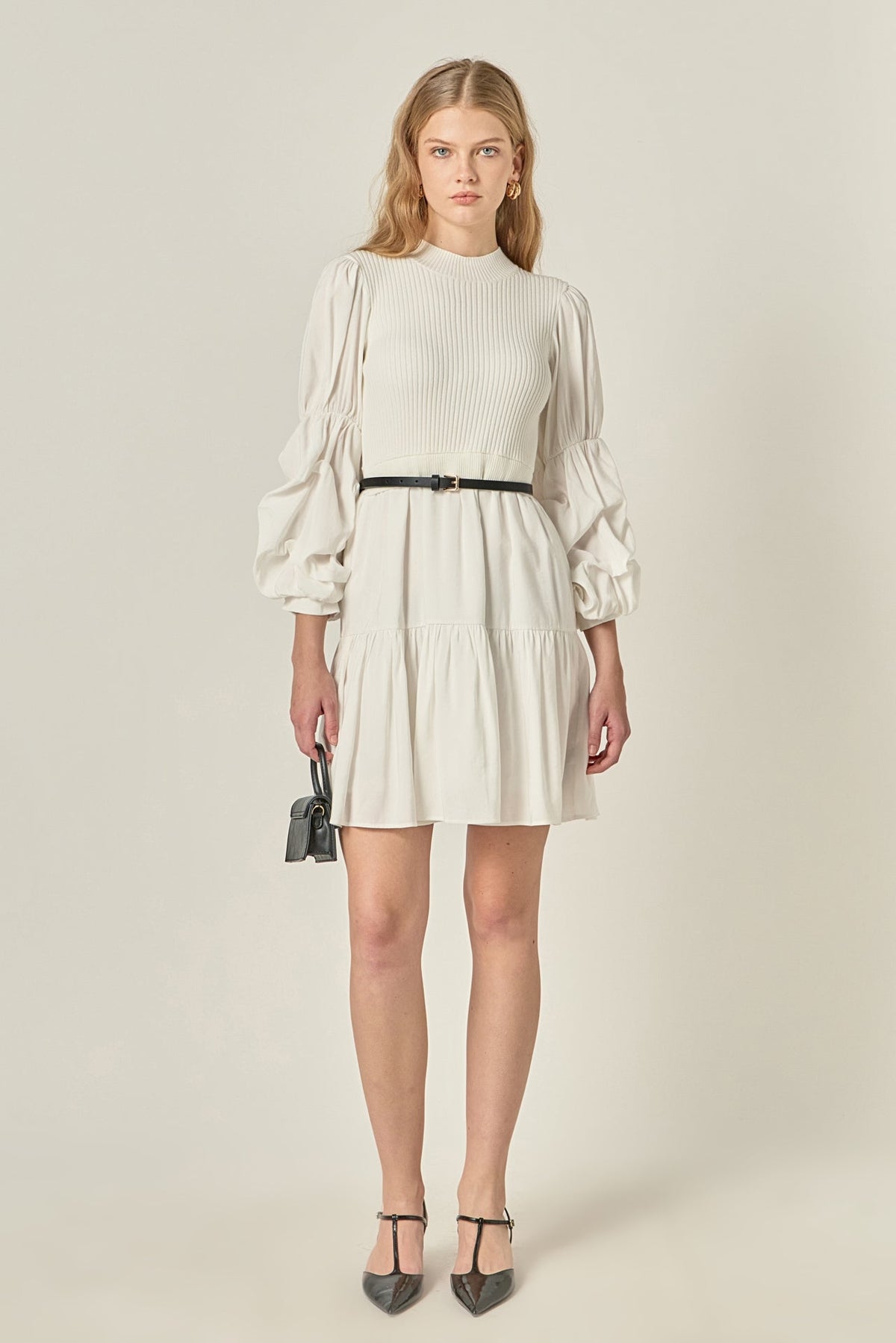 Mock Neck Knit Bodice Pleated Sleeve Mixed Media Mini Dress
