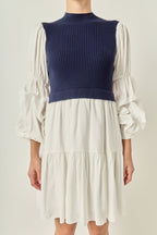 Mock Neck Knit Bodice Pleated Sleeve Mixed Media Mini Dress