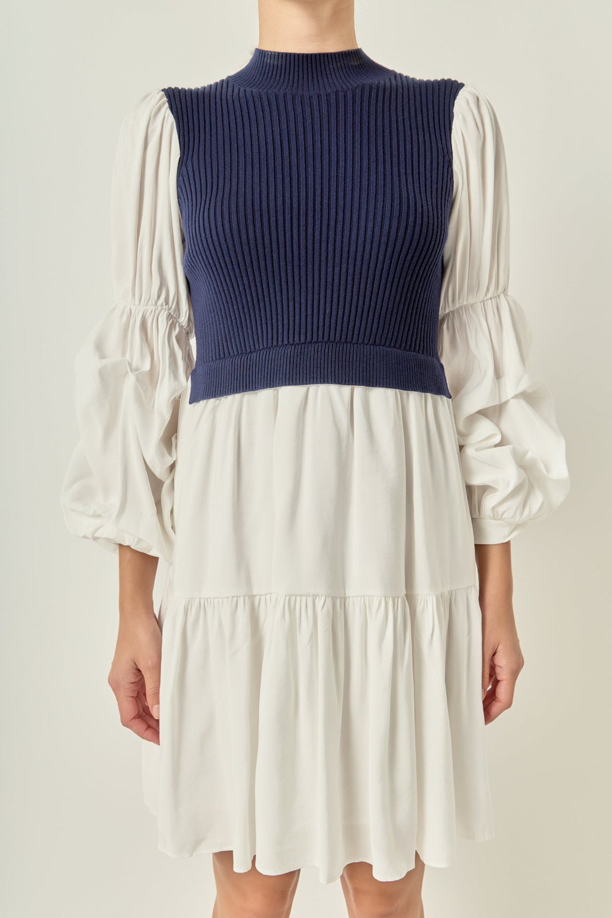 Mock Neck Knit Bodice Pleated Sleeve Mixed Media Mini Dress