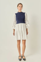 Mock Neck Knit Bodice Pleated Sleeve Mixed Media Mini Dress