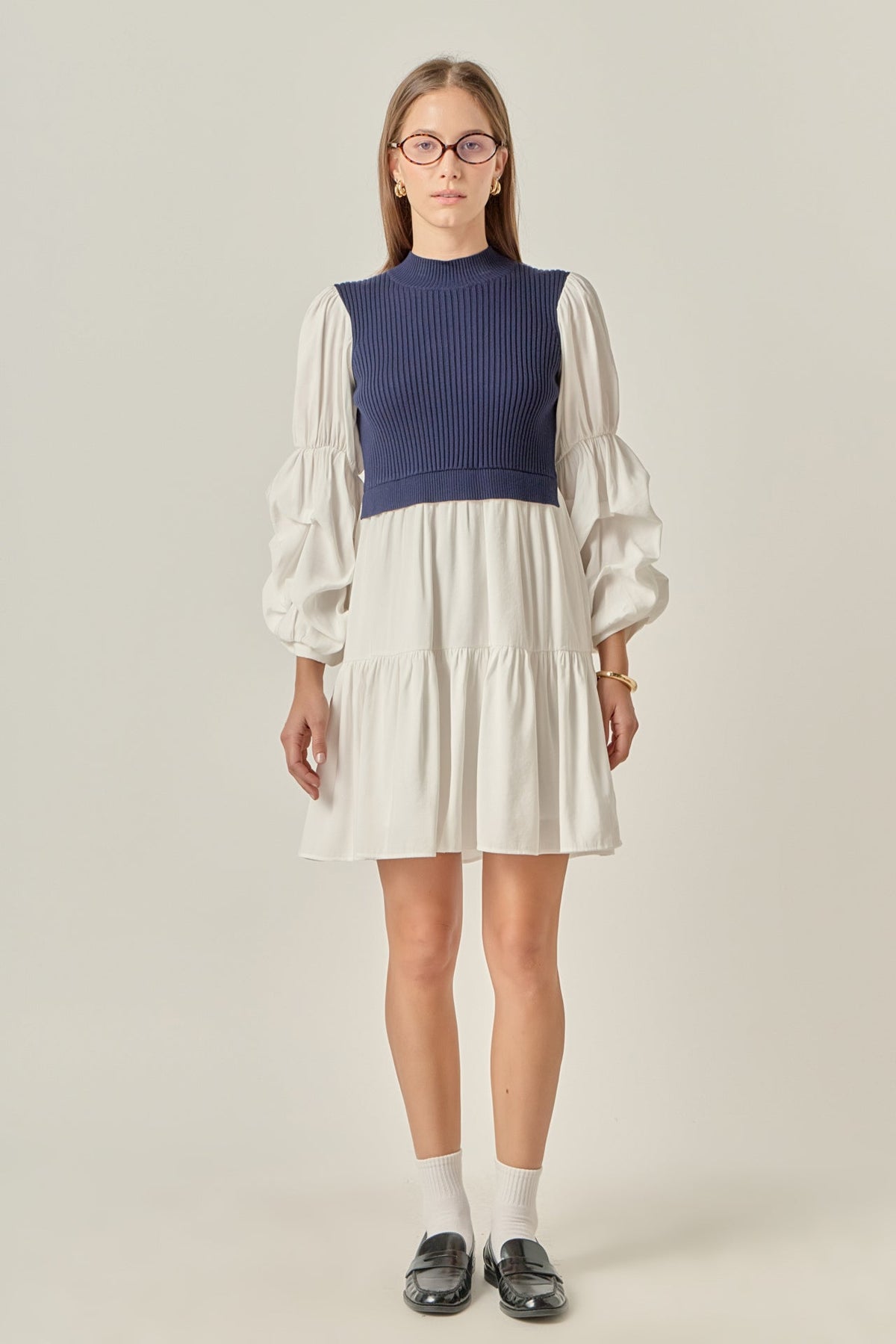 Mock Neck Knit Bodice Pleated Sleeve Mixed Media Mini Dress