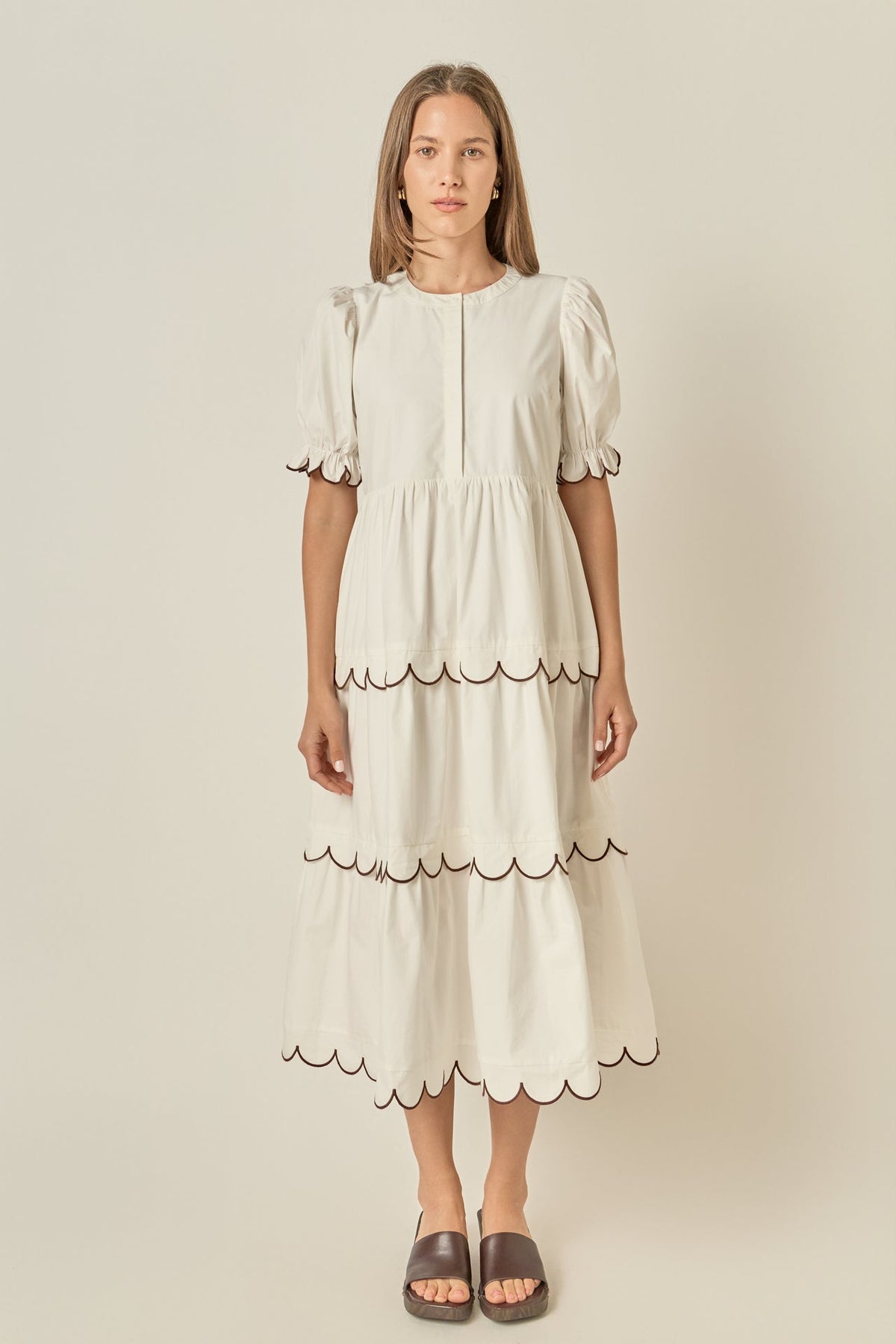 Scalloped Edge Puff Sleeve Tiered A-Line Cotton Midi Dress