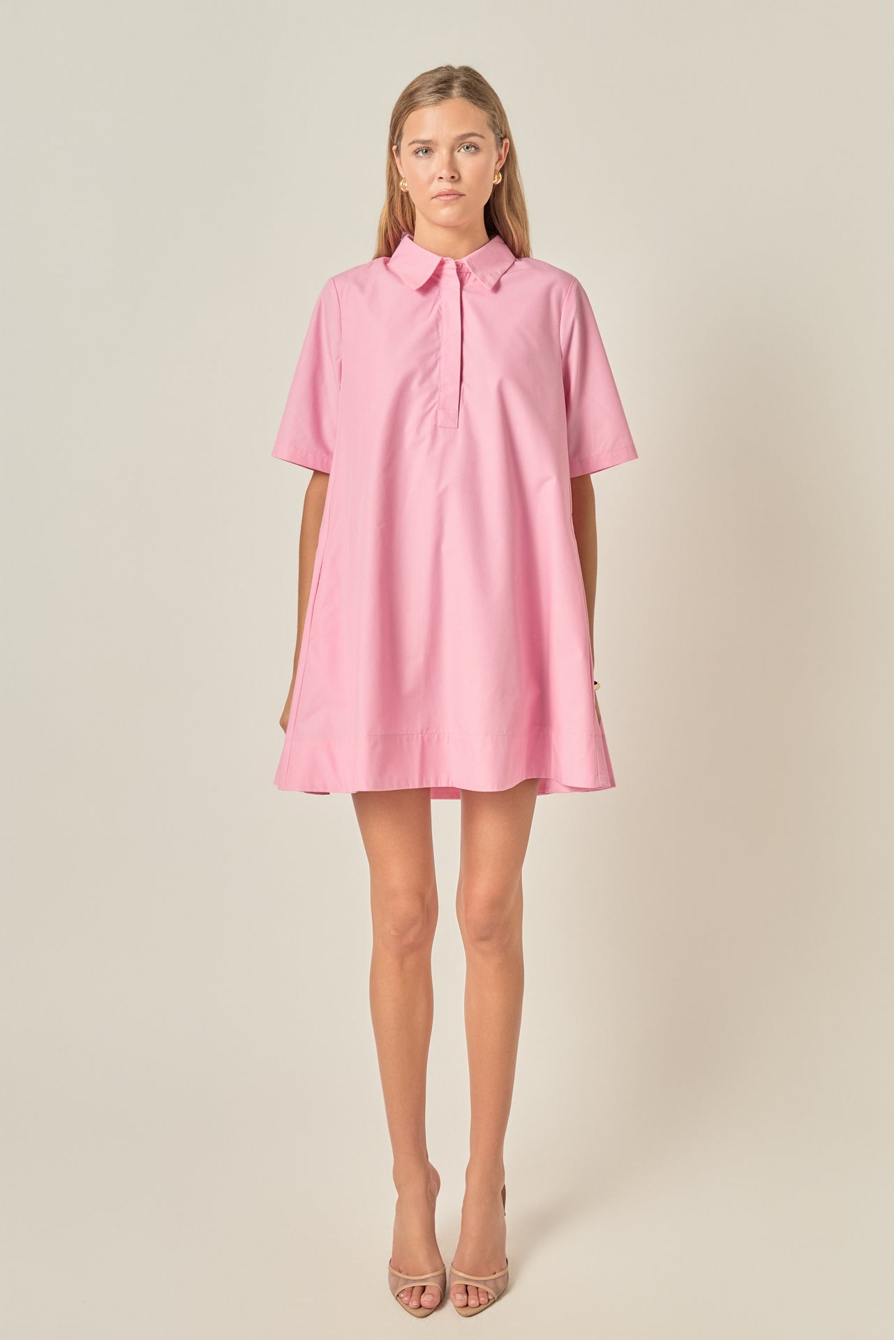 A-Line Short Sleeve Pointed Collar Cotton Shirt Dress
