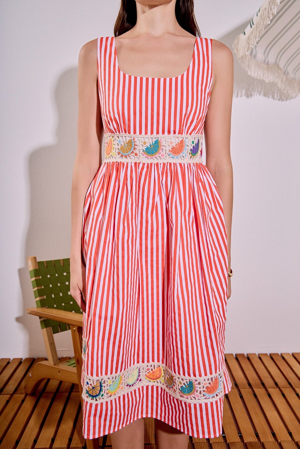 Striped Poplin Square Neck Crochet Waist Trim Midi Dress