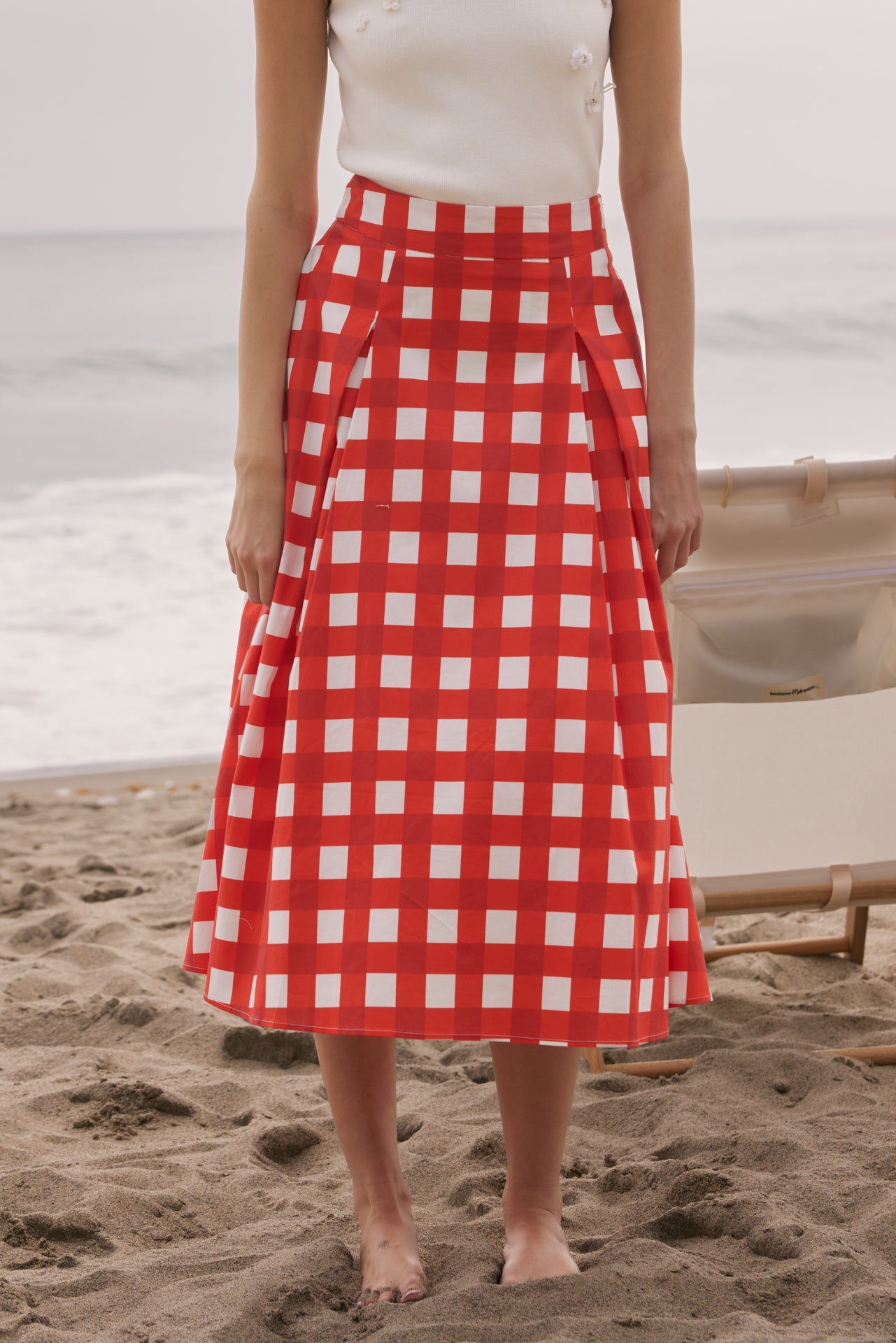 Oversized Gingham High-Waisted Pleated A-Line Midi Skirt