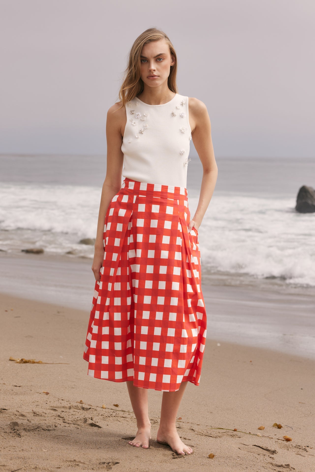 Oversized Gingham High-Waisted Pleated A-Line Midi Skirt