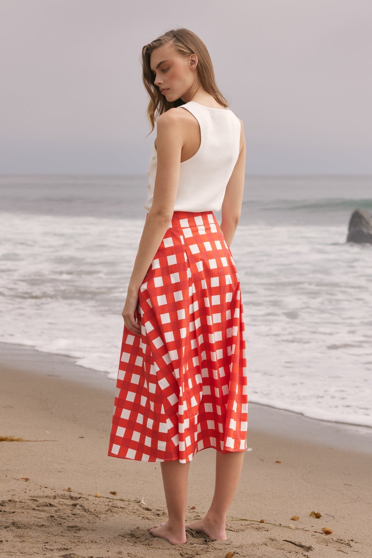 Oversized Gingham High-Waisted Pleated A-Line Midi Skirt