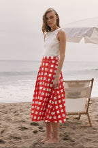 Oversized Gingham High-Waisted Pleated A-Line Midi Skirt