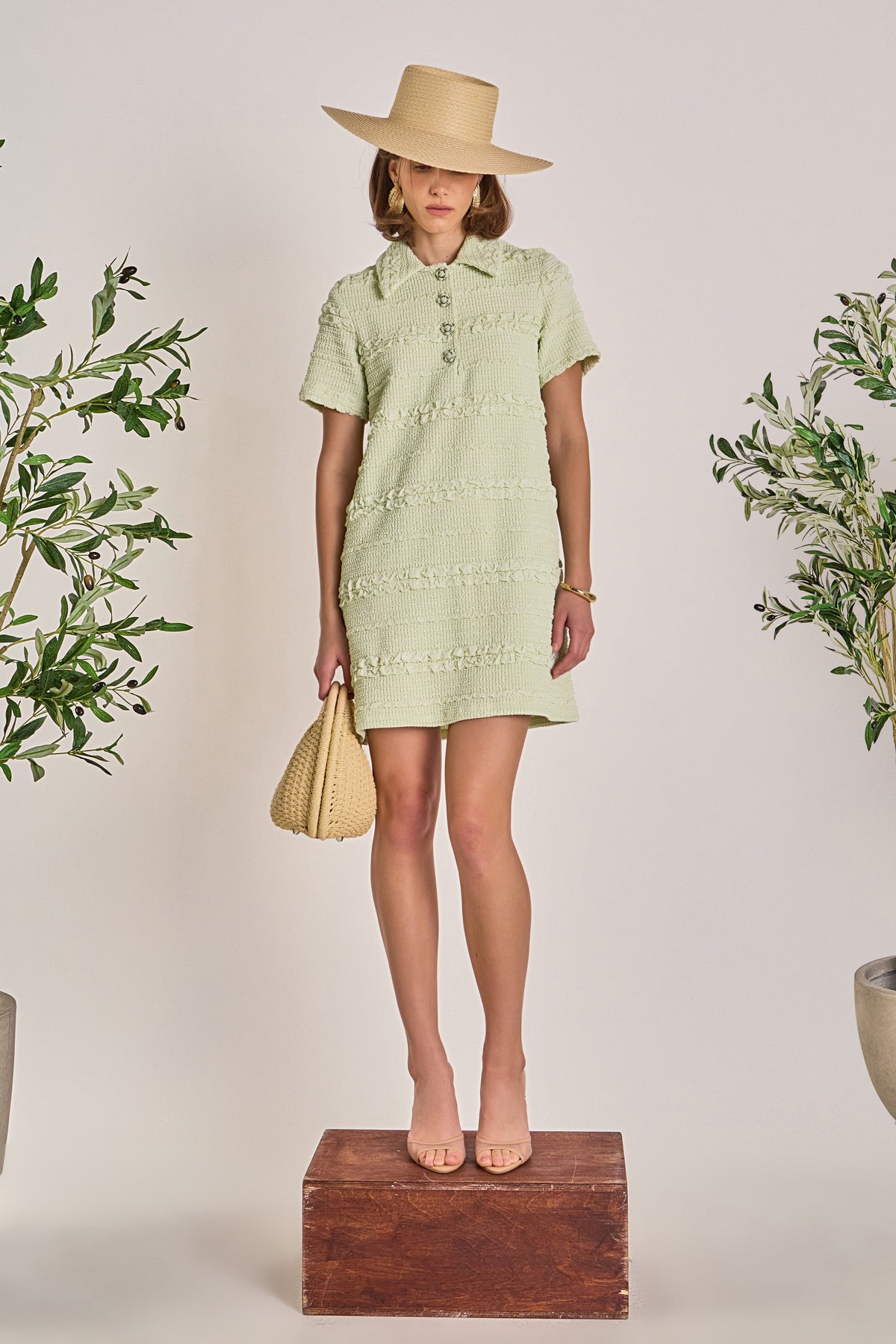 Smocked Short Sleeve Textured Tweed-Feel Mini Dress