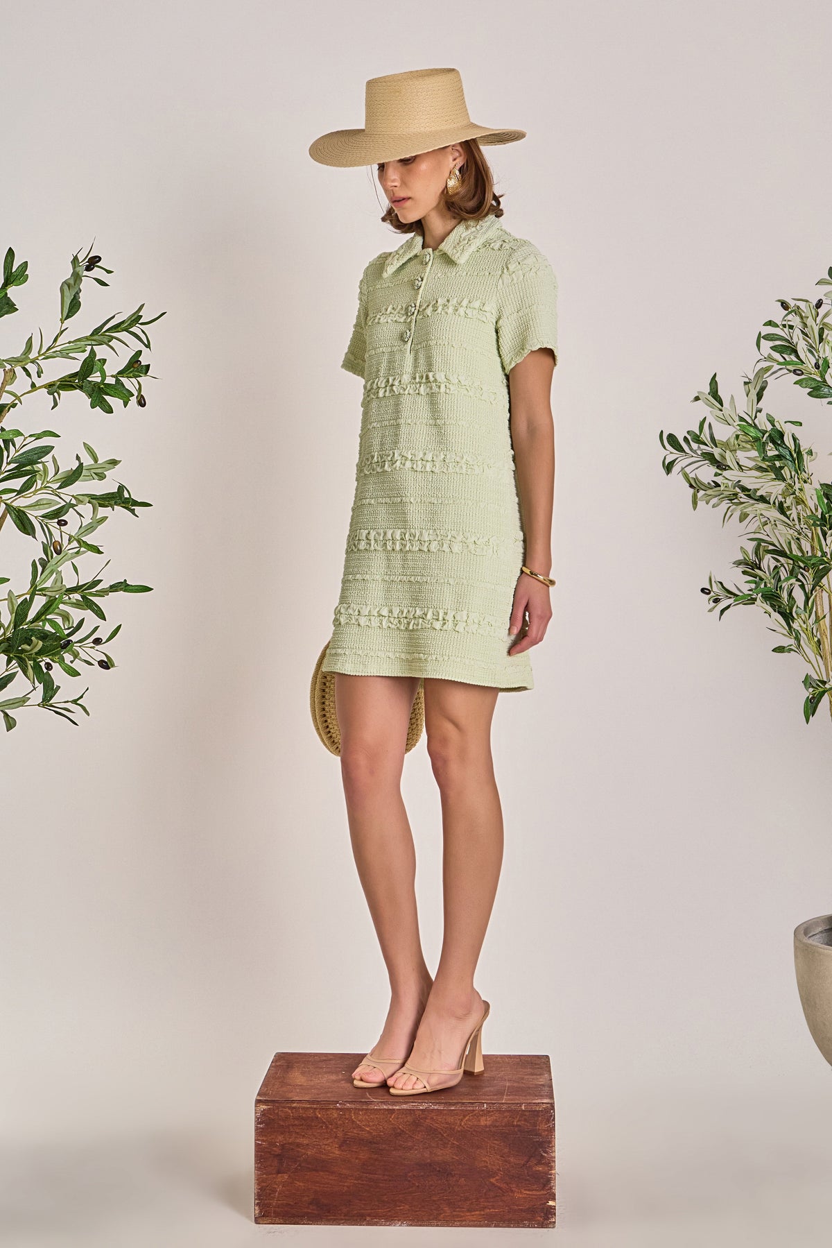 Smocked Short Sleeve Textured Tweed-Feel Mini Dress