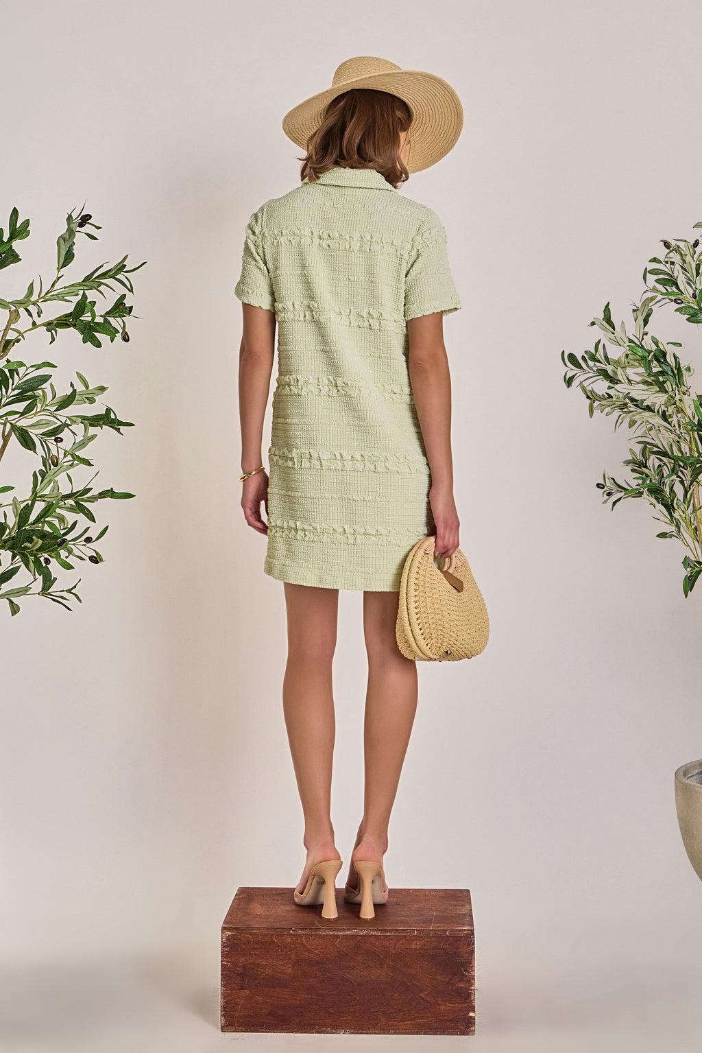 Smocked Short Sleeve Textured Tweed-Feel Mini Dress