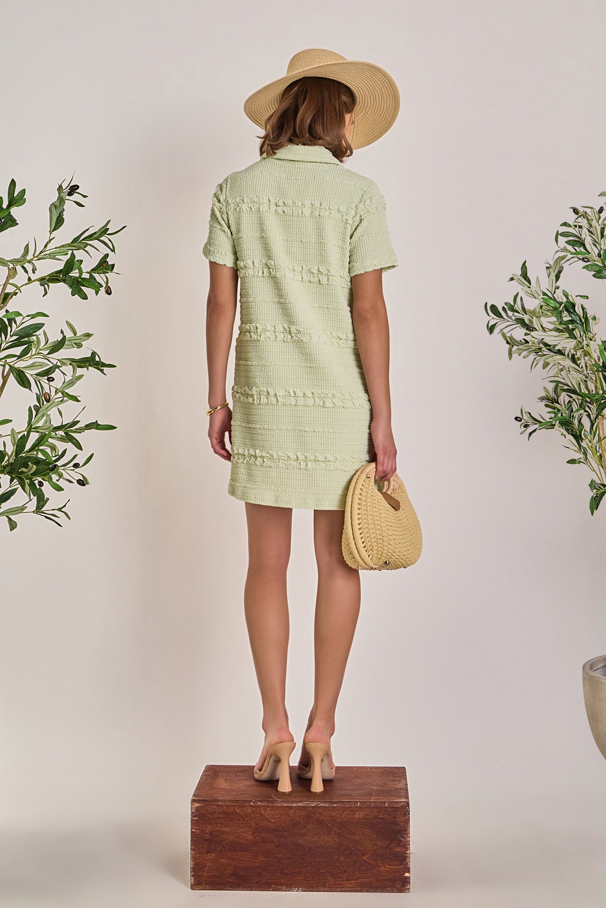 Smocked Short Sleeve Textured Tweed-Feel Mini Dress
