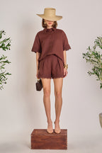 High-Waisted Linen Pleated Crochet Lace Cuff Shorts