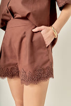 High-Waisted Linen Pleated Crochet Lace Cuff Shorts