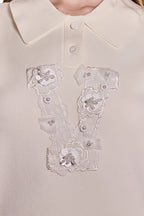 Pearl Beaded Number Applique Collared Fine Gauge Knit Sweater Vest