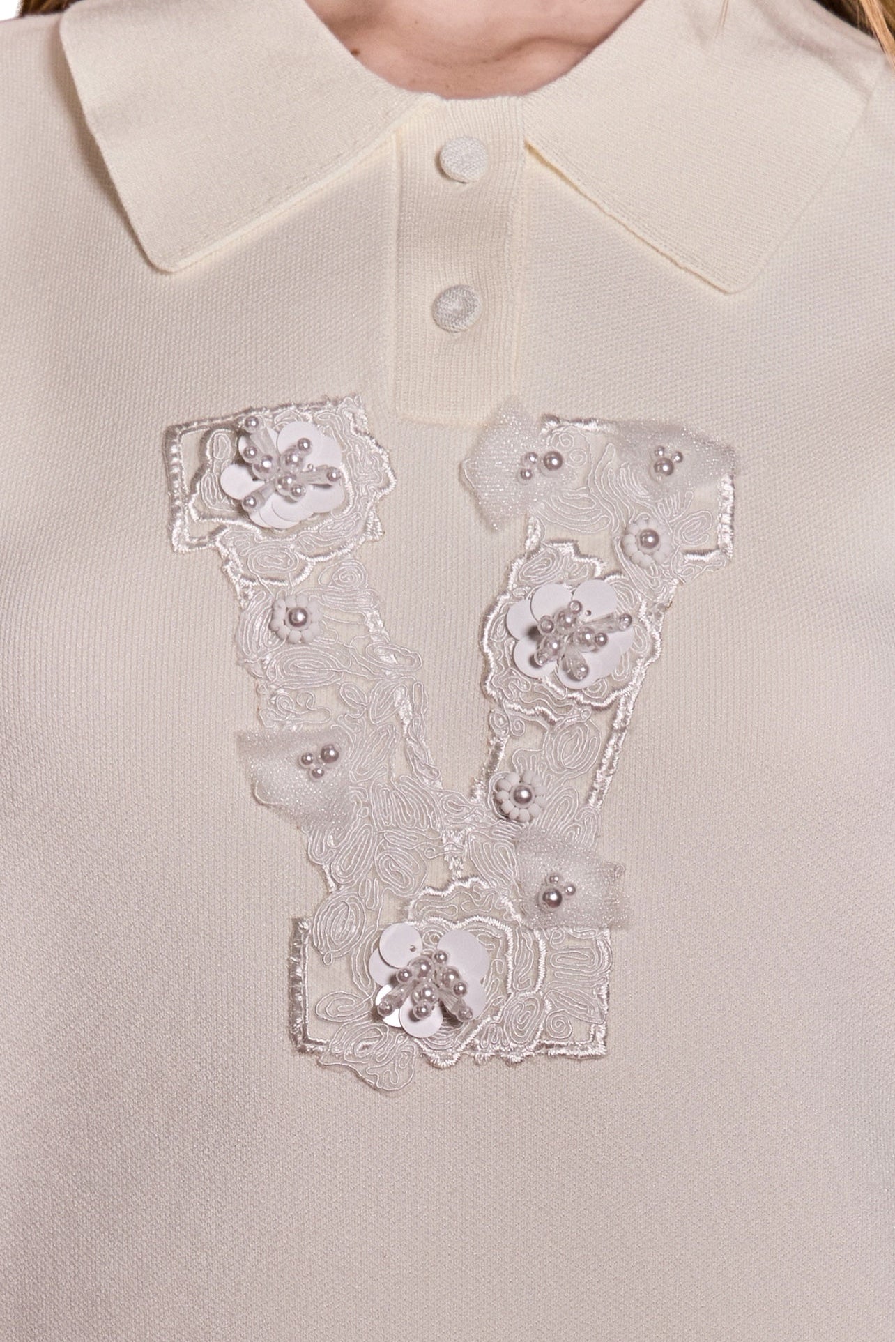 Pearl Beaded Number Applique Collared Fine Gauge Knit Sweater Vest