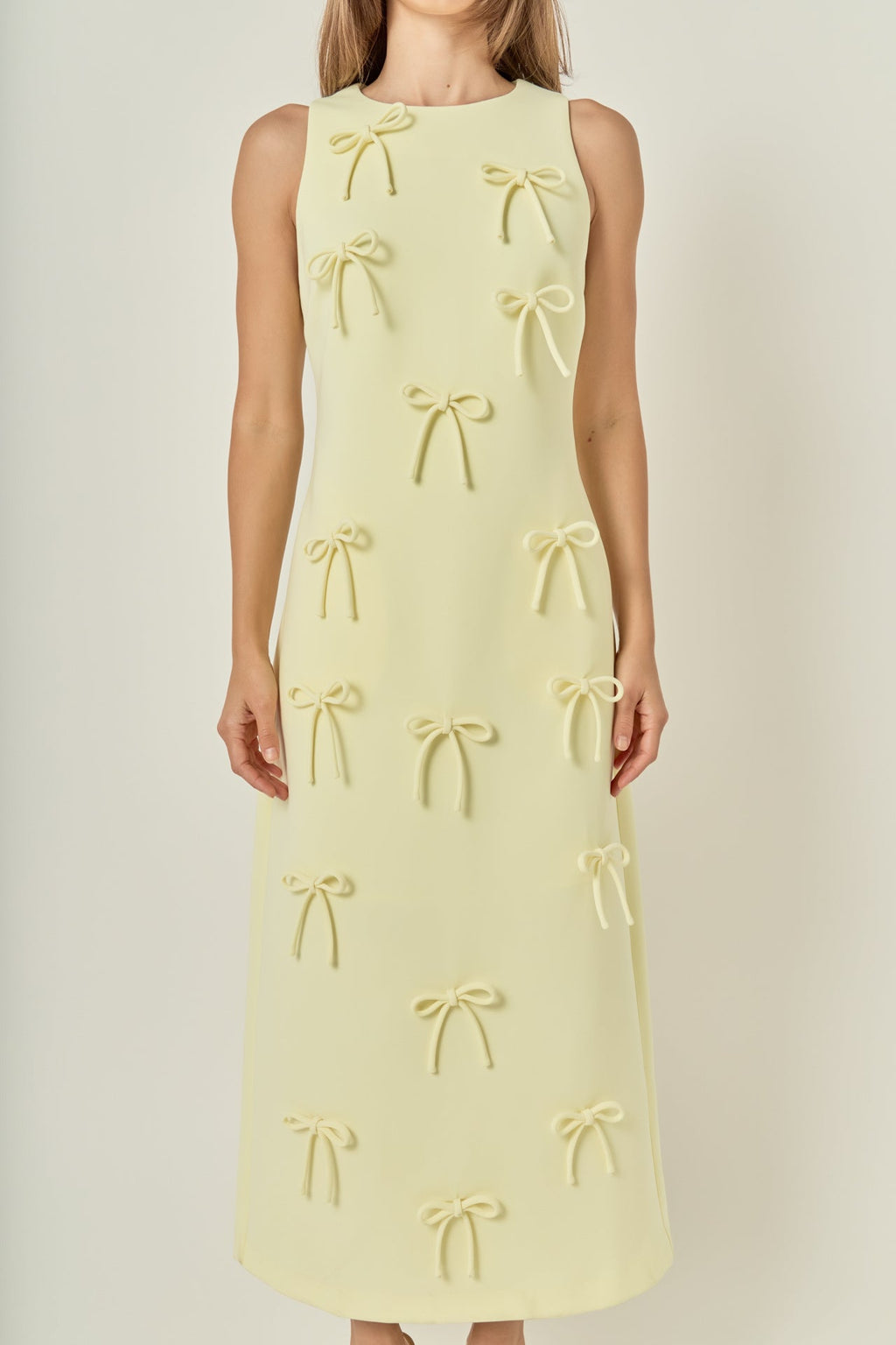 Bow Applique Column Silhouette Sleeveless Woven Maxi Dress