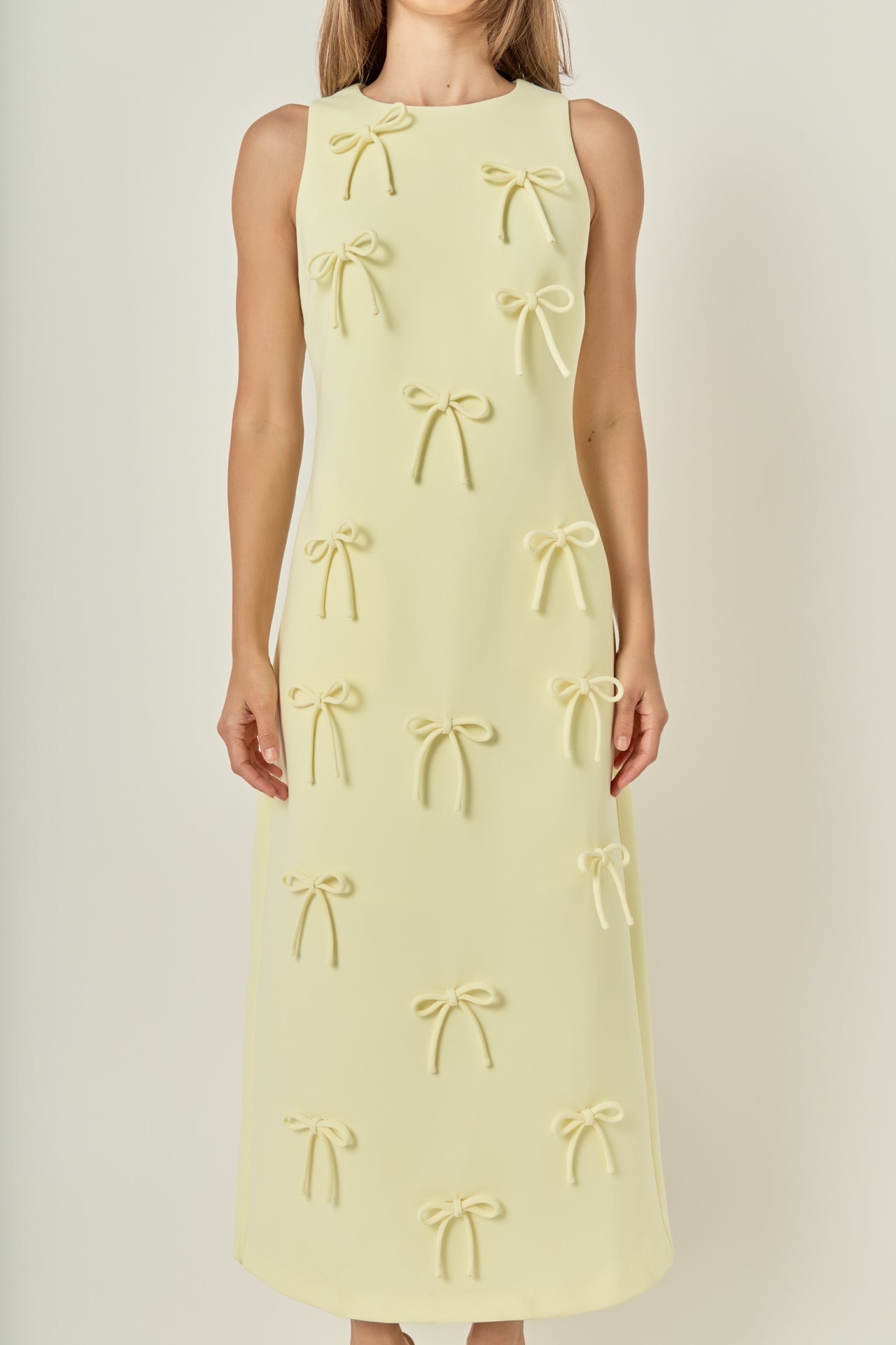 Bow Applique Column Silhouette Sleeveless Woven Maxi Dress