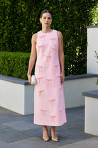 Bow Applique Column Silhouette Sleeveless Woven Maxi Dress
