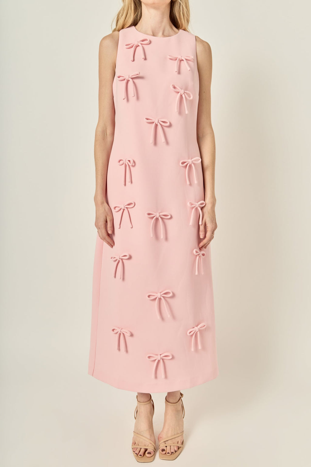 Bow Applique Column Silhouette Sleeveless Woven Maxi Dress