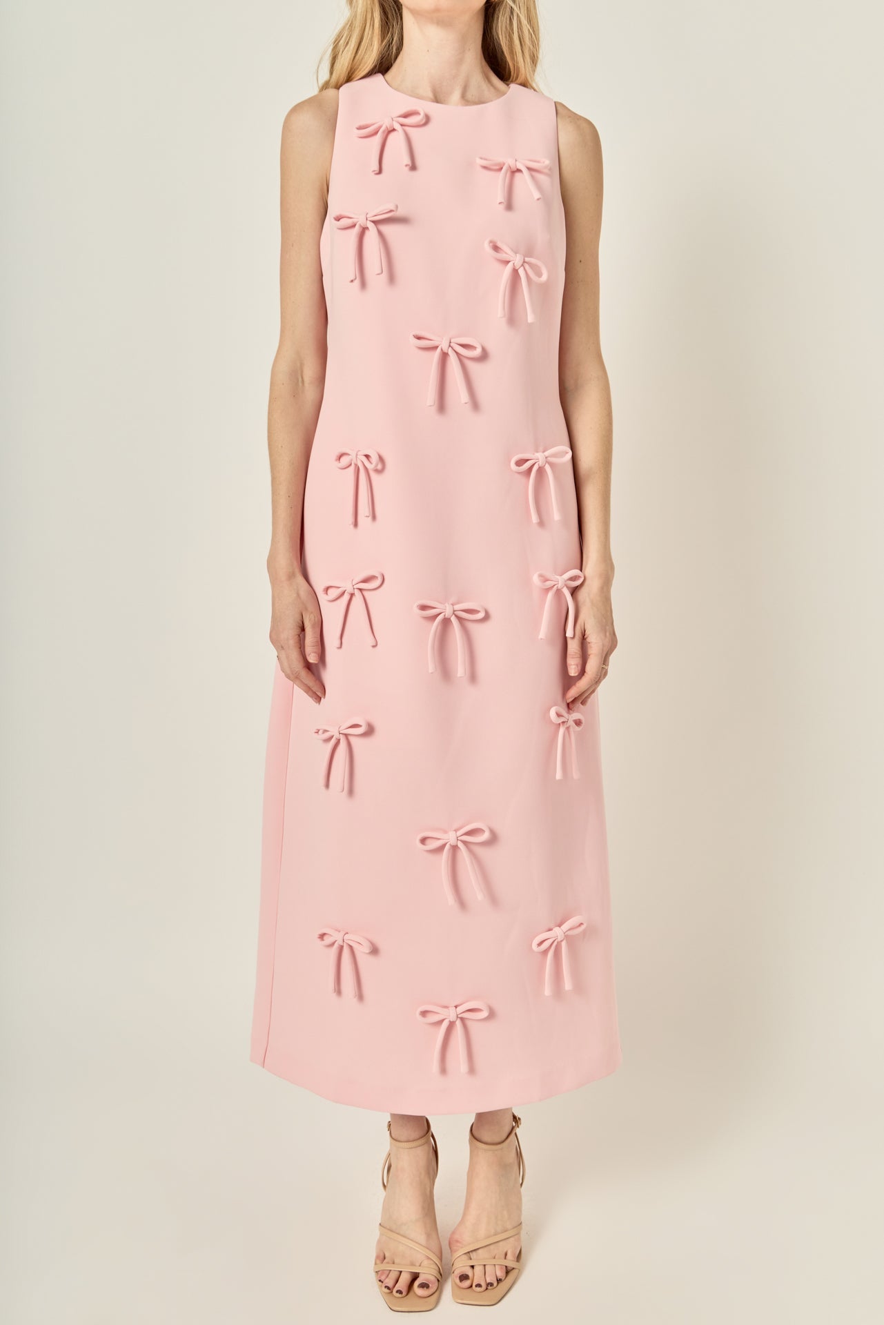 Bow Applique Column Silhouette Sleeveless Woven Maxi Dress