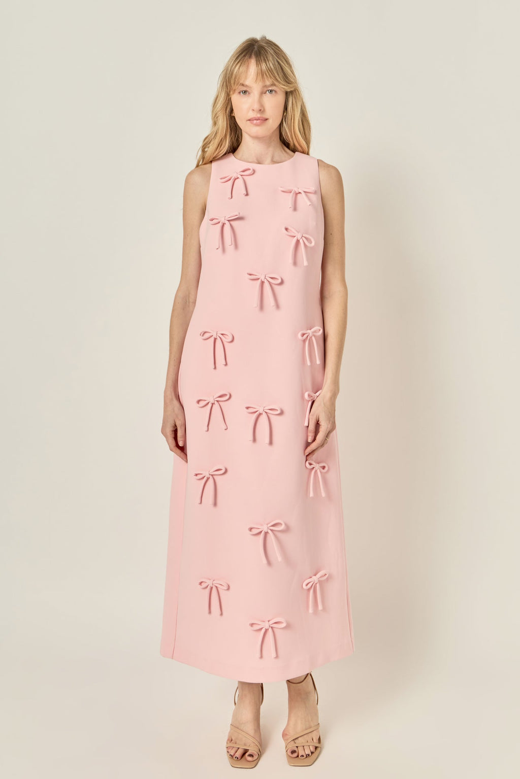 Bow Applique Column Silhouette Sleeveless Woven Maxi Dress