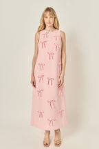 Bow Applique Column Silhouette Sleeveless Woven Maxi Dress