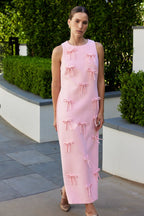 Bow Applique Column Silhouette Sleeveless Woven Maxi Dress