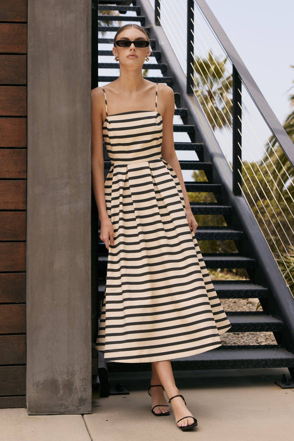 Striped Poplin Square Neck Smocked Back Pleated A-Line Midi Dress