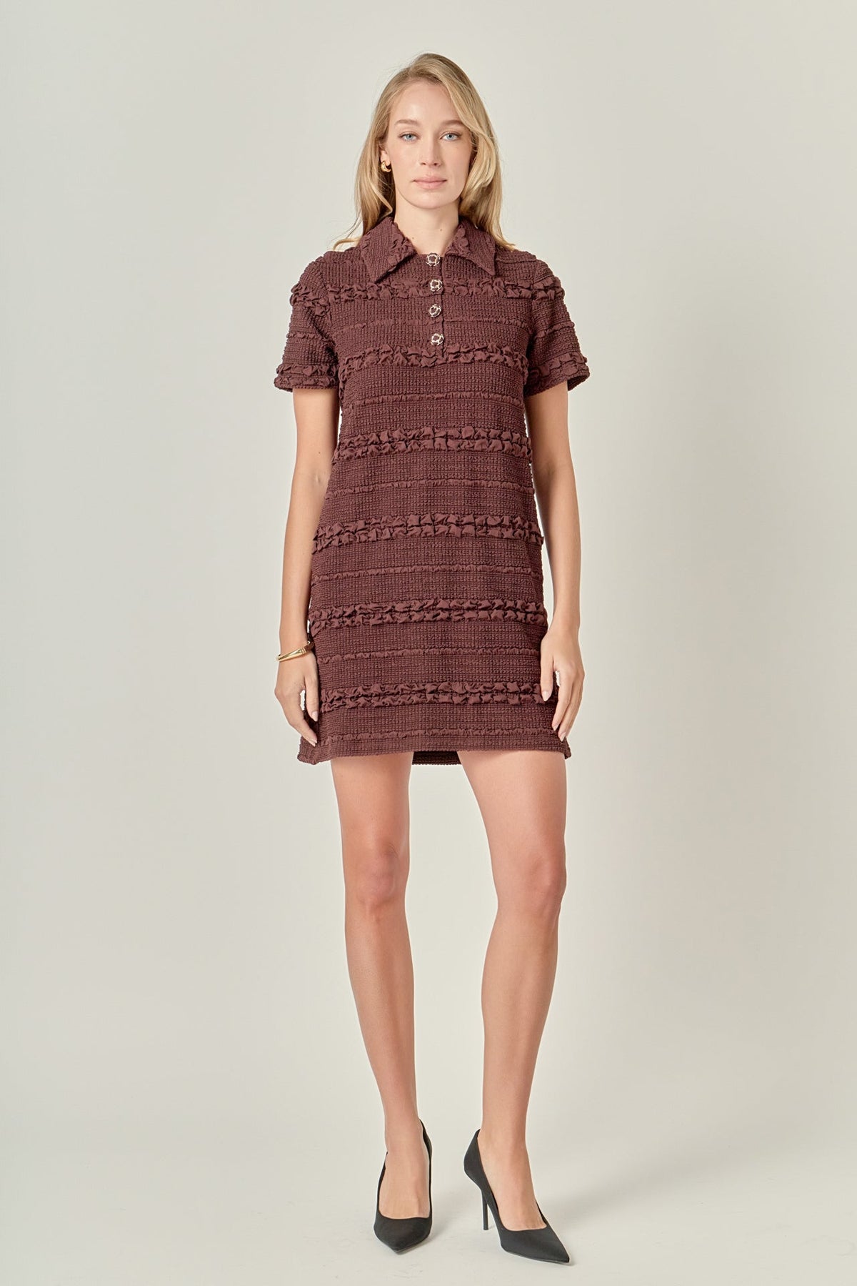 Smocked Short Sleeve Textured Tweed-Feel Mini Dress