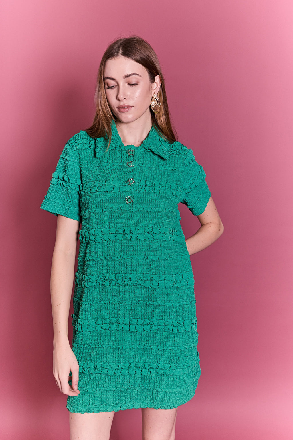 Smocked Short Sleeve Textured Tweed-Feel Mini Dress