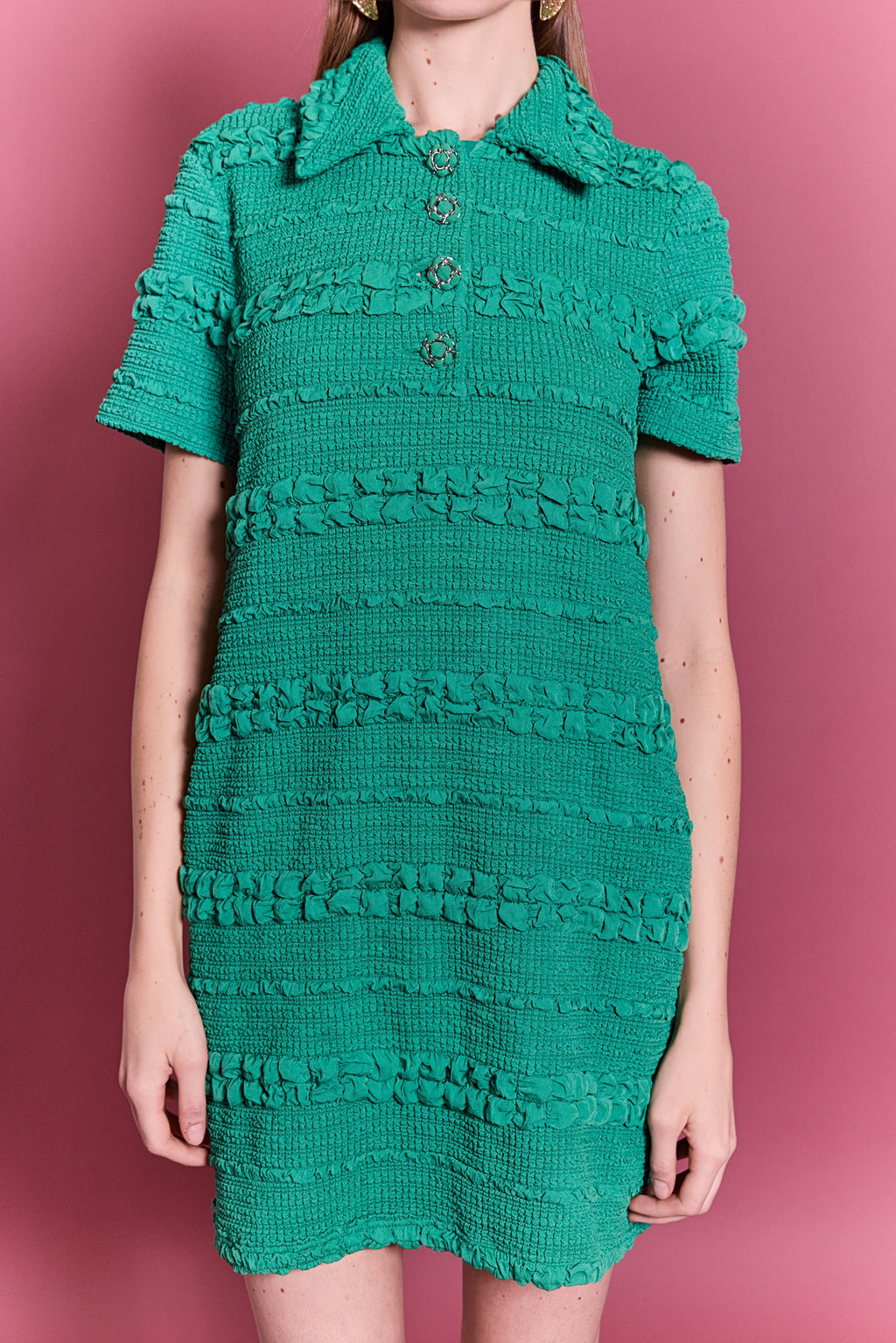 Smocked Short Sleeve Textured Tweed-Feel Mini Dress