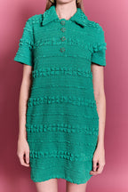 Smocked Short Sleeve Textured Tweed-Feel Mini Dress