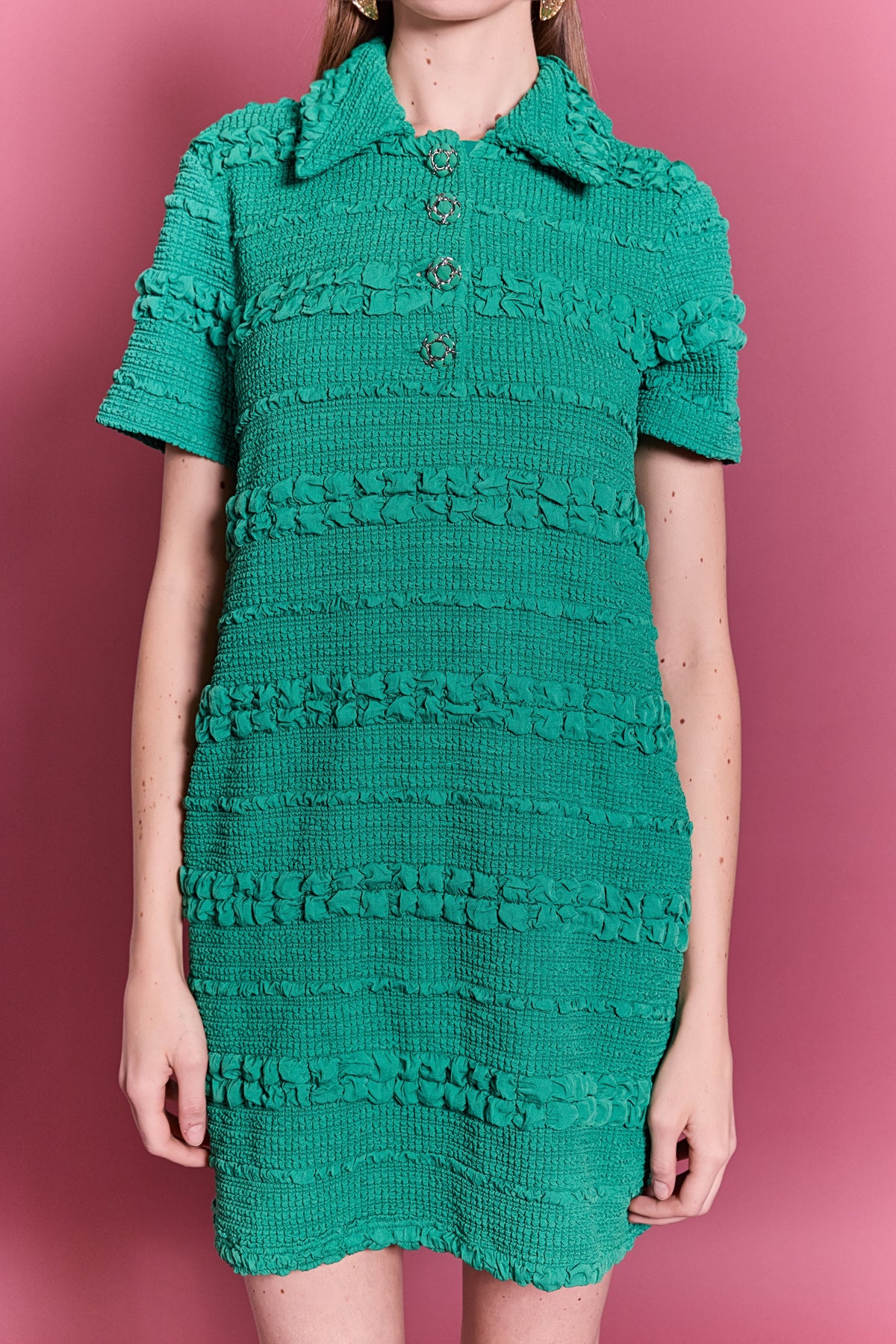 Smocked Short Sleeve Textured Tweed-Feel Mini Dress