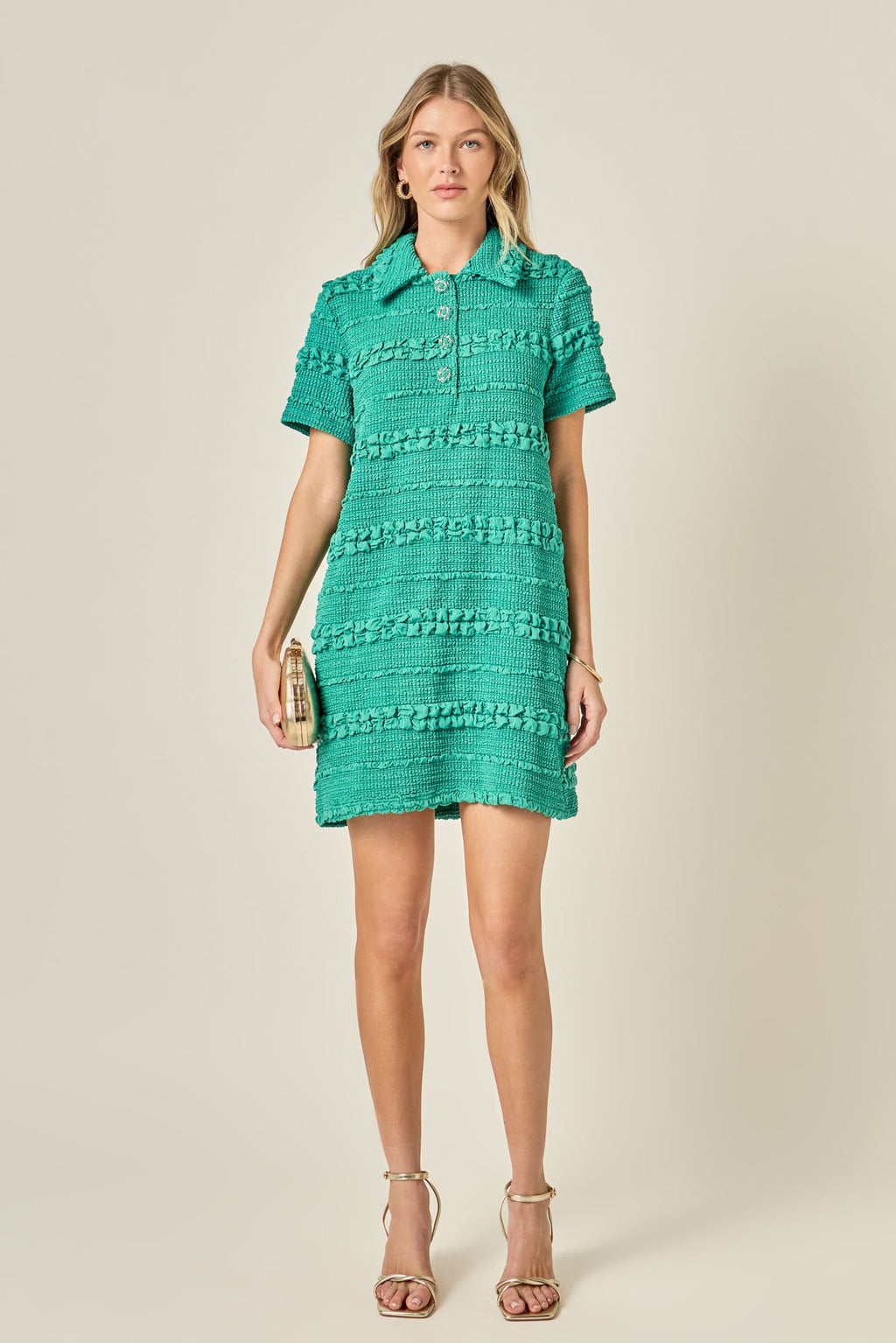 Smocked Short Sleeve Textured Tweed-Feel Mini Dress