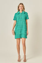 Smocked Short Sleeve Textured Tweed-Feel Mini Dress